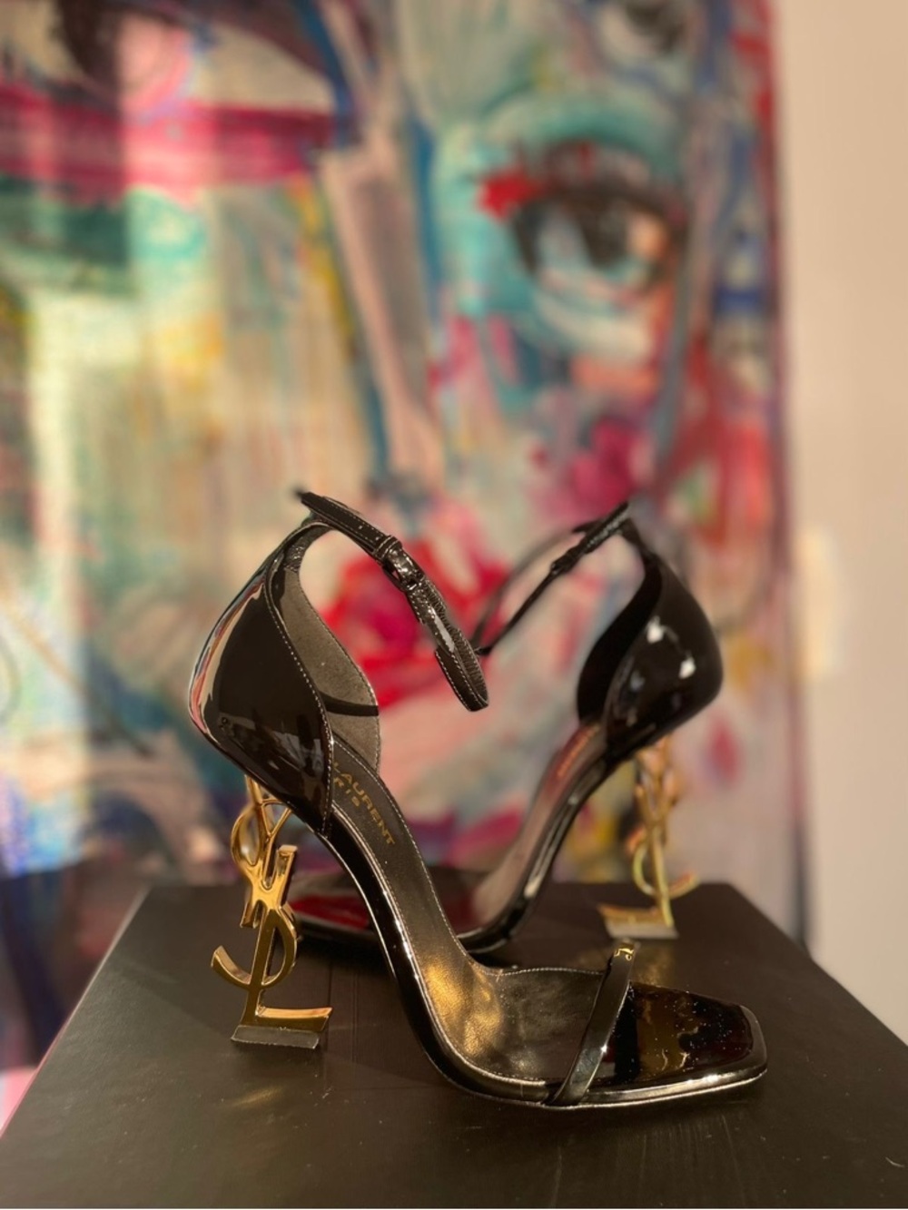Saint Laurent Black Patent Tribute Sandals with Gold YSL Heel - Picture 4 of 4